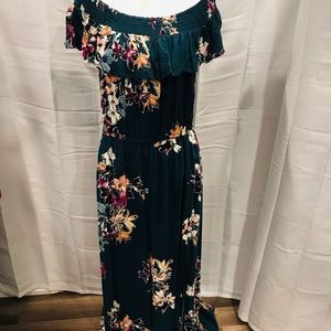 Maurices size large off the shoulder dark green/floral floor length dress.